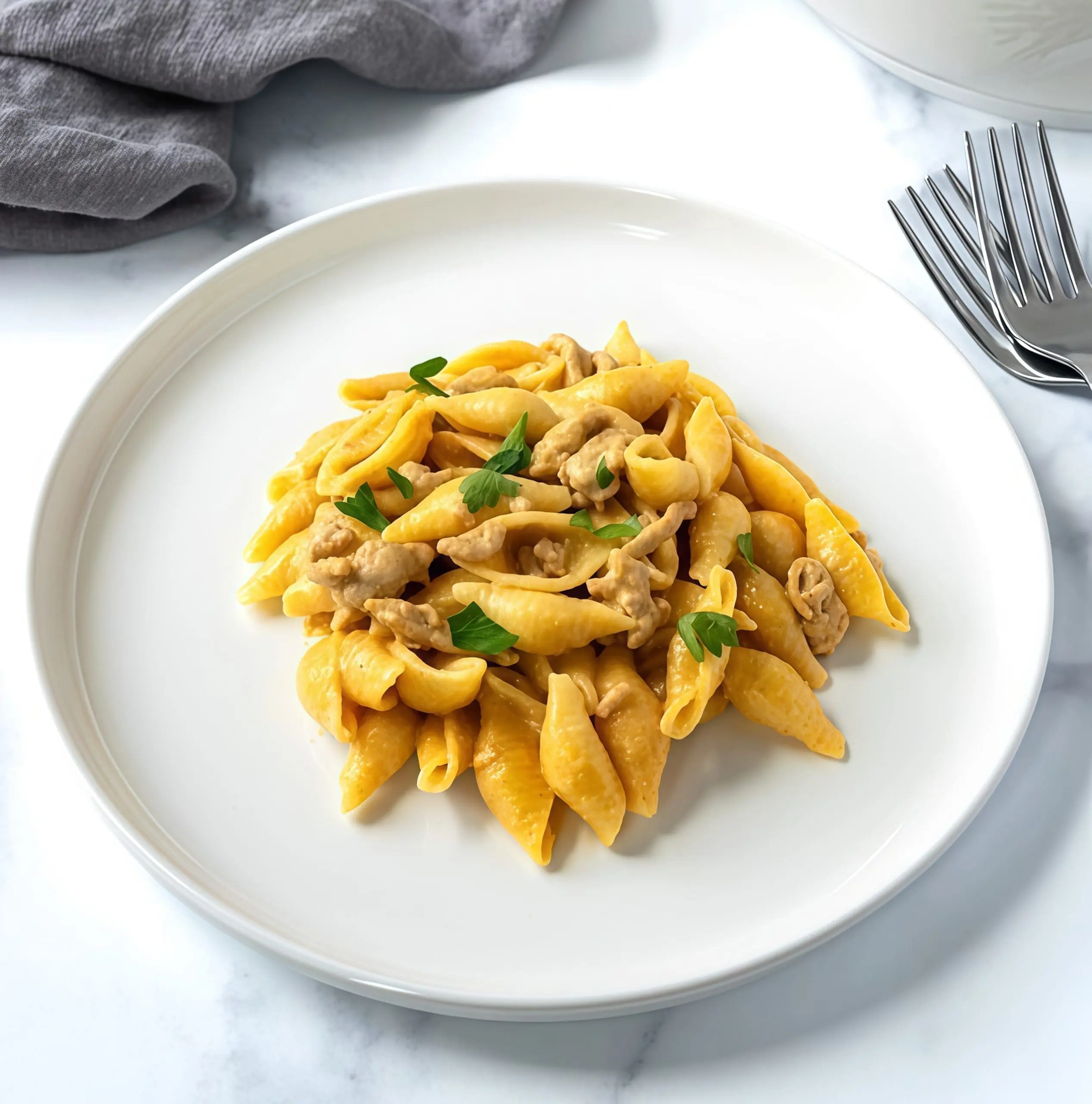 Конкилье Ригате с индейкой и сыром