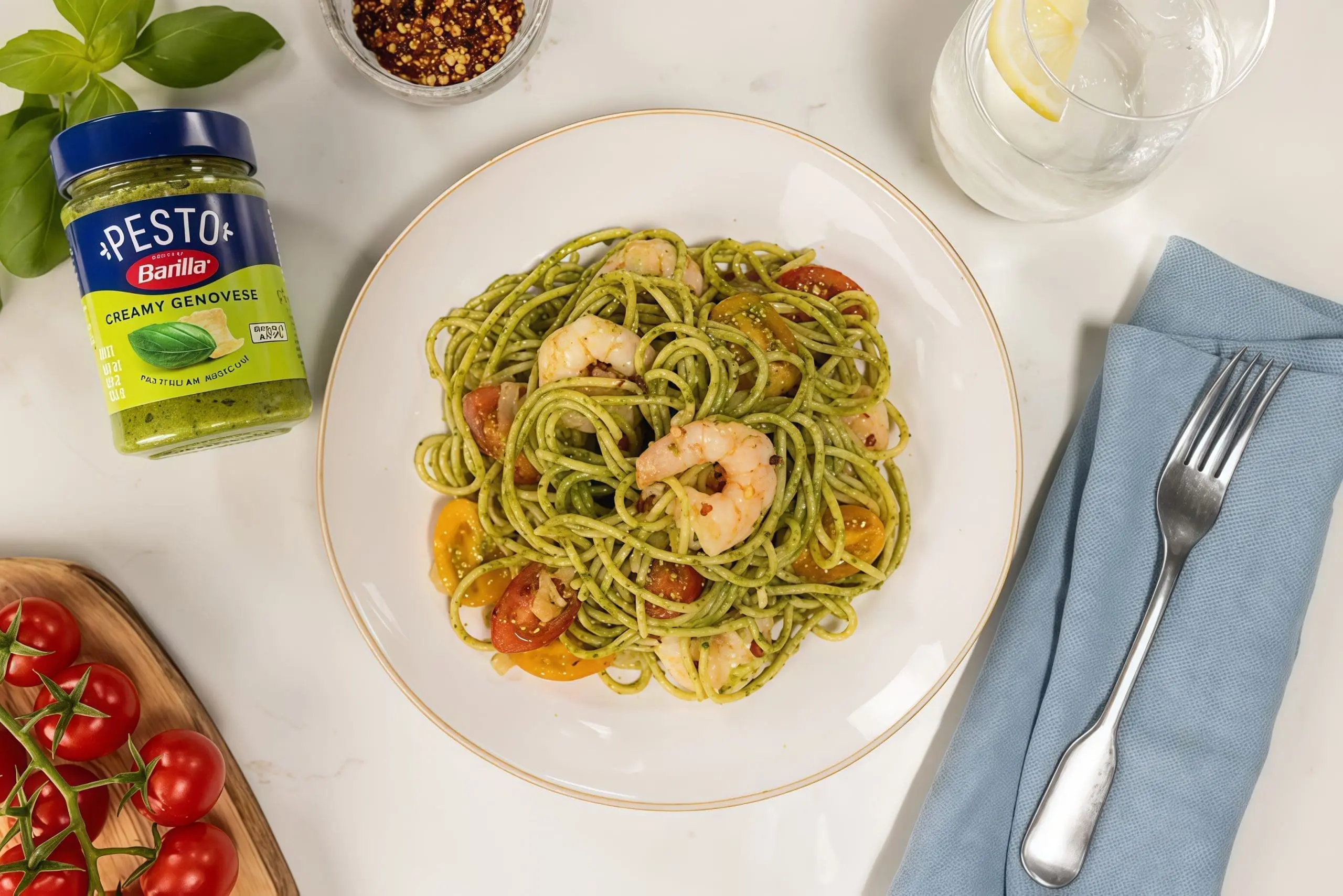 Спагеттини с креветками и песто Дженовезе